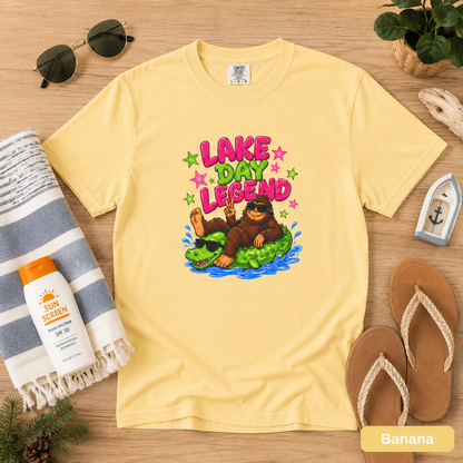 Lake Day Legend Bigfoot on Alligator Floatie T-Shirt