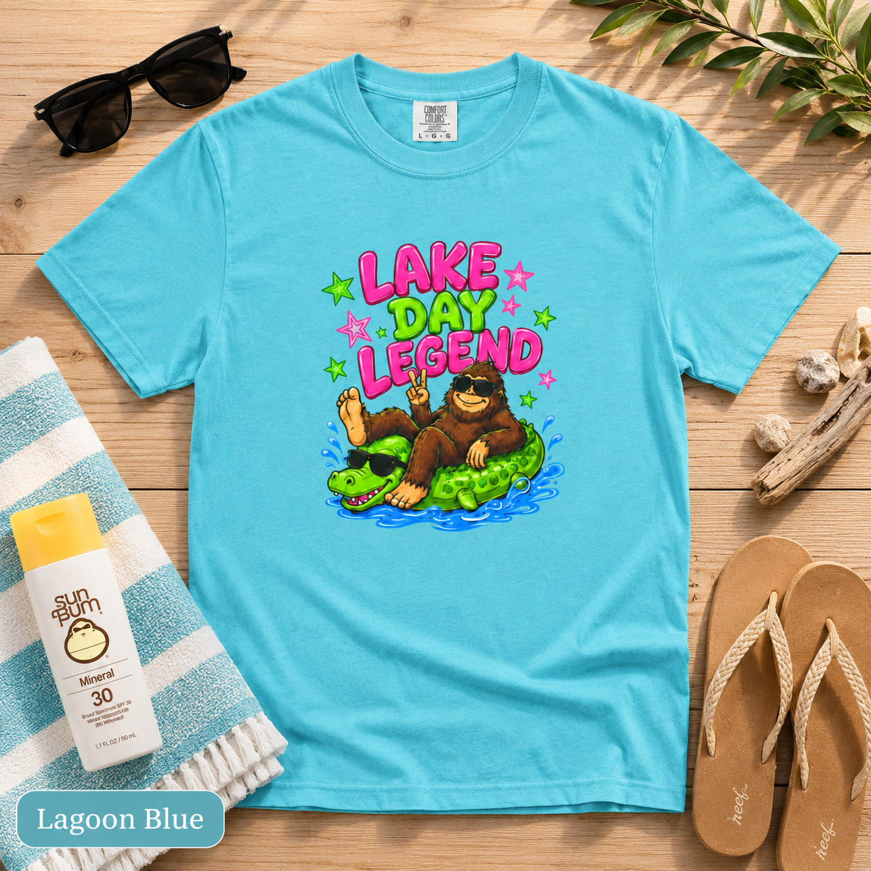 Lake Day Legend Bigfoot on Alligator Floatie T-Shirt