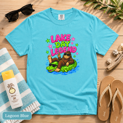 Lake Day Legend Bigfoot on Alligator Floatie T-Shirt