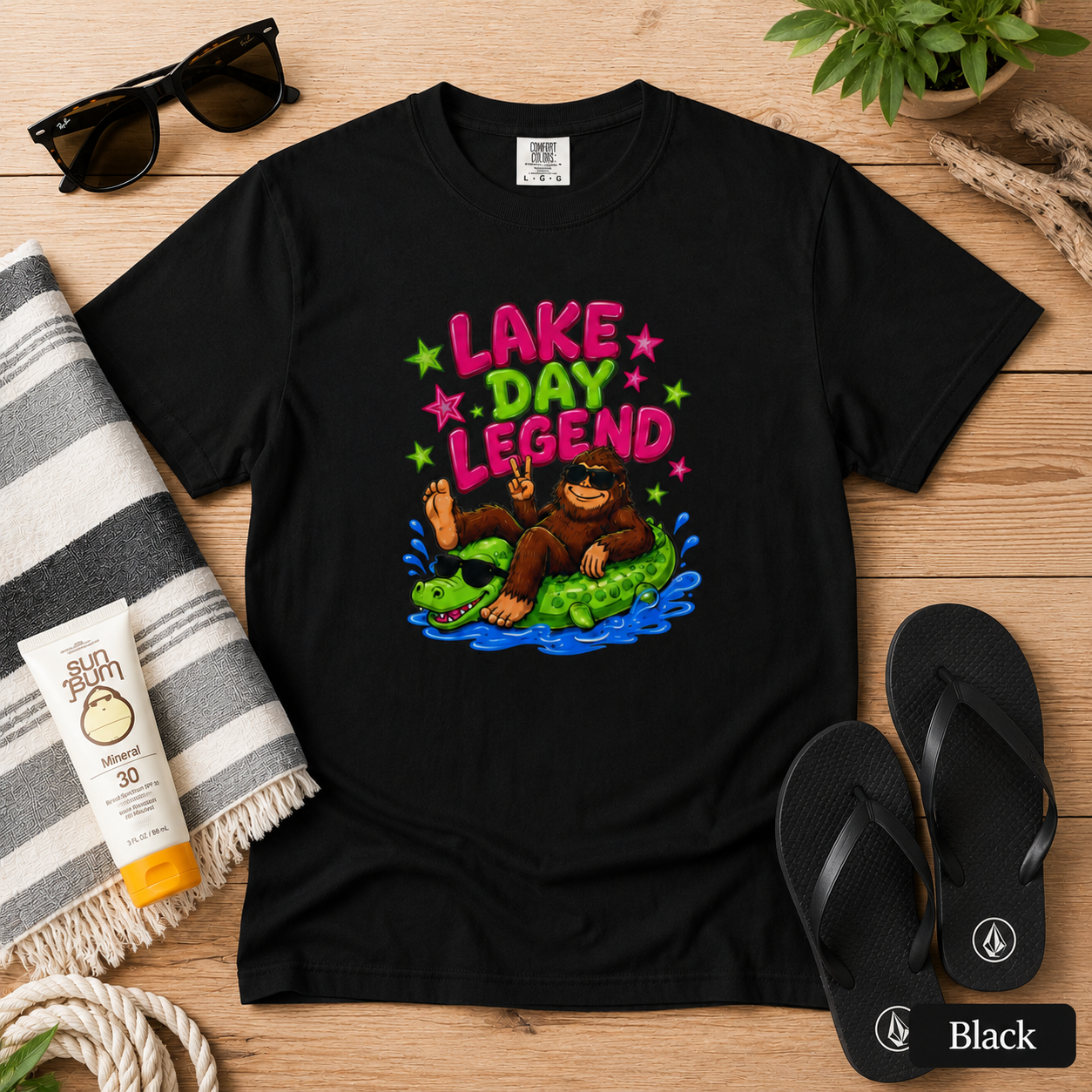 Lake Day Legend Bigfoot on Alligator Floatie T-Shirt