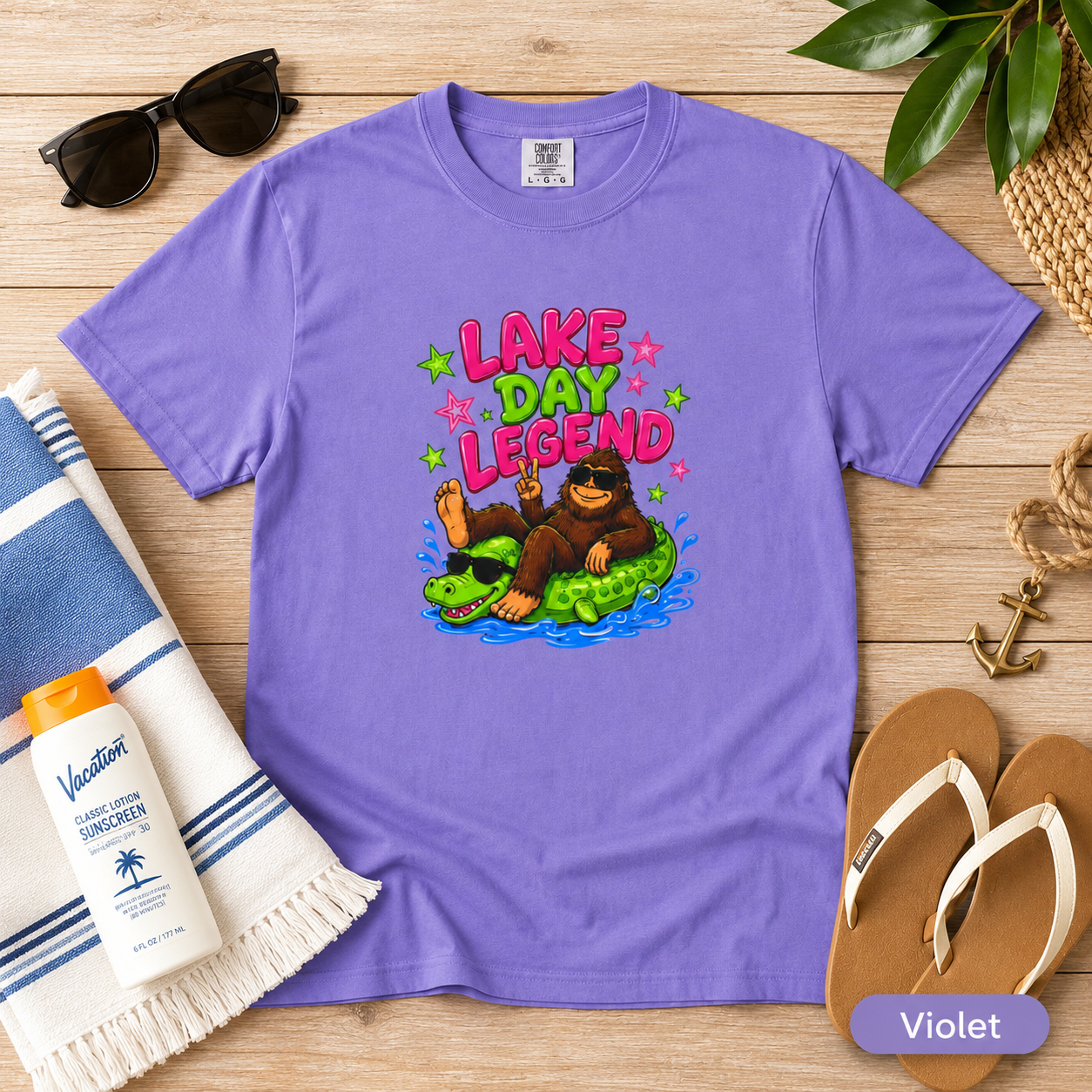 Lake Day Legend Bigfoot on Alligator Floatie T-Shirt