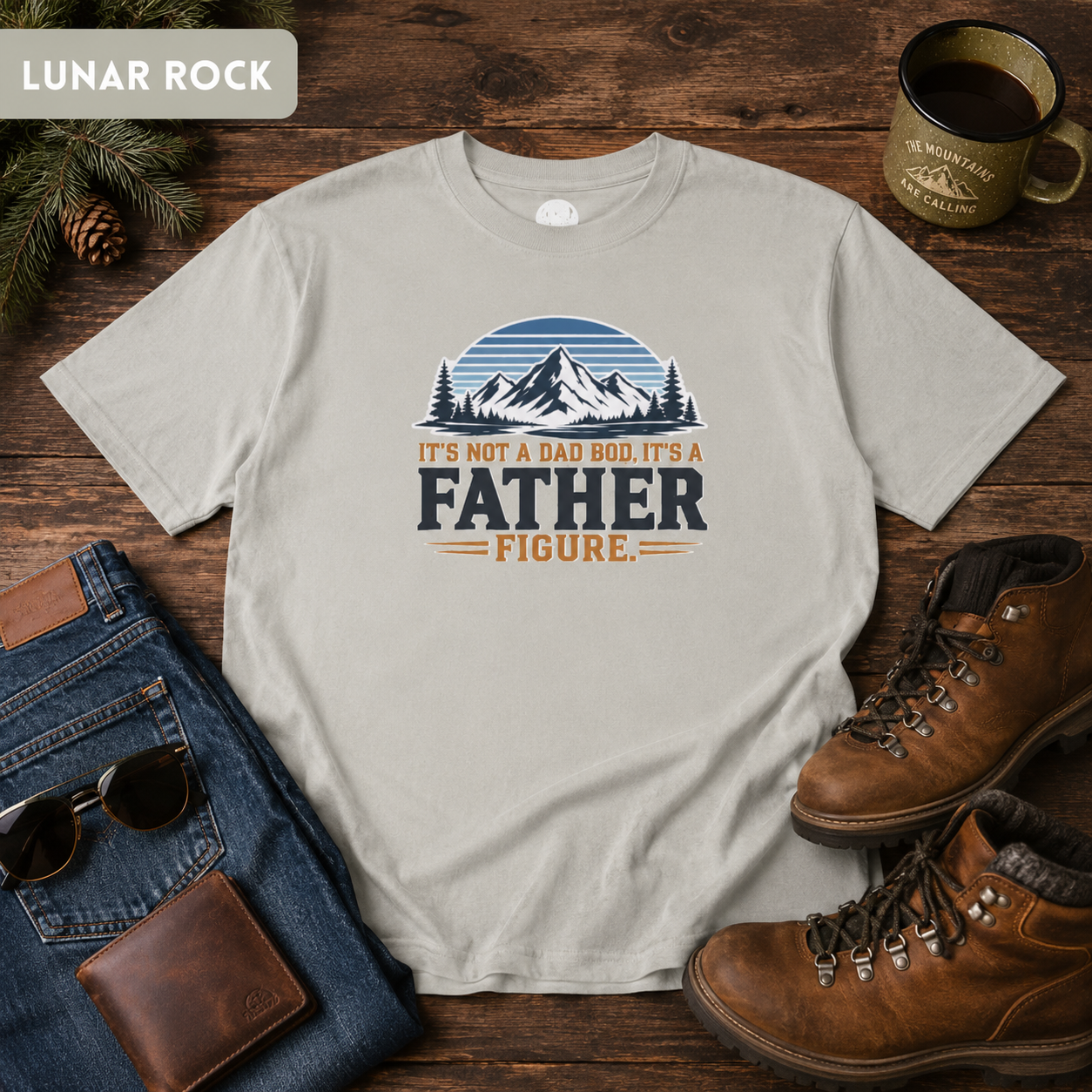 Father Figure mountain design heavyweight T-Shirt | Camping Outdoors Typography