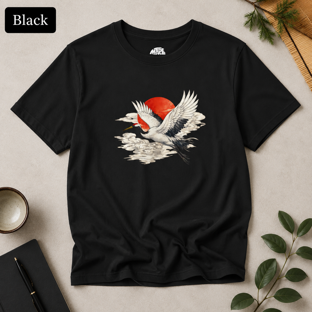 Red-Crowned Crane Rising Sun T-Shirt | Japanese Crane Illustration