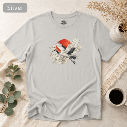 Red-Crowned Crane Rising Sun T-Shirt | Japanese Crane Illustration
