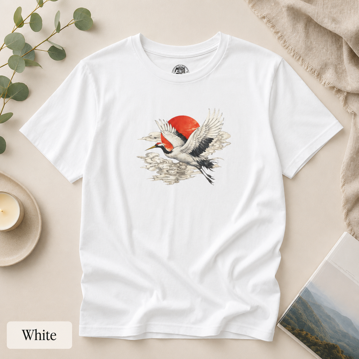 Red-Crowned Crane Rising Sun T-Shirt | Japanese Crane Illustration