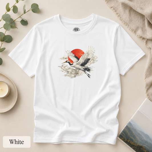 Red-Crowned Crane Rising Sun T-Shirt | Japanese Crane Illustration