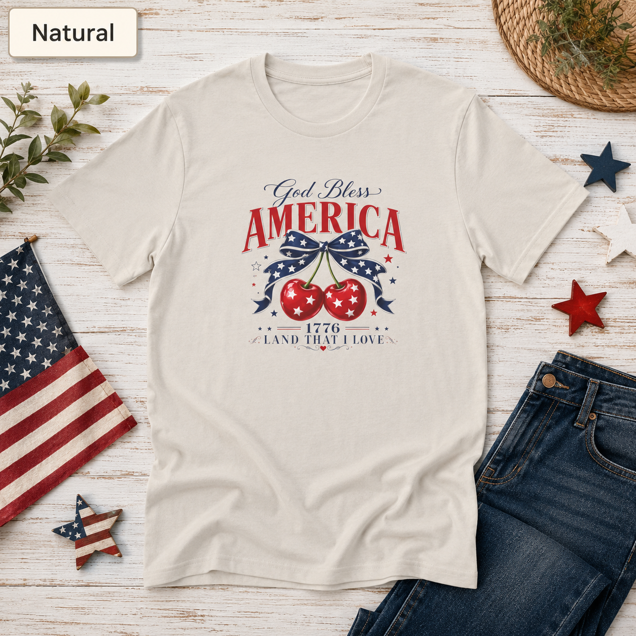 God Bless America T-Shirt — Patriotic Cherry Graphic, 1776 Land That I Love