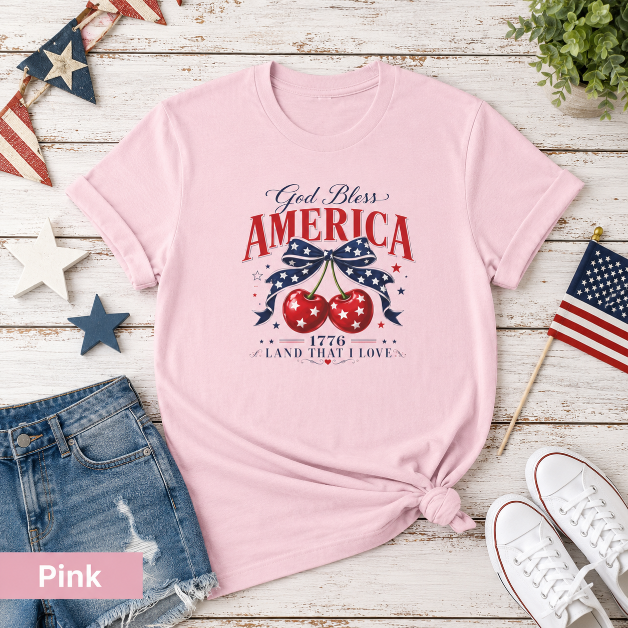 God Bless America T-Shirt — Patriotic Cherry Graphic, 1776 Land That I Love
