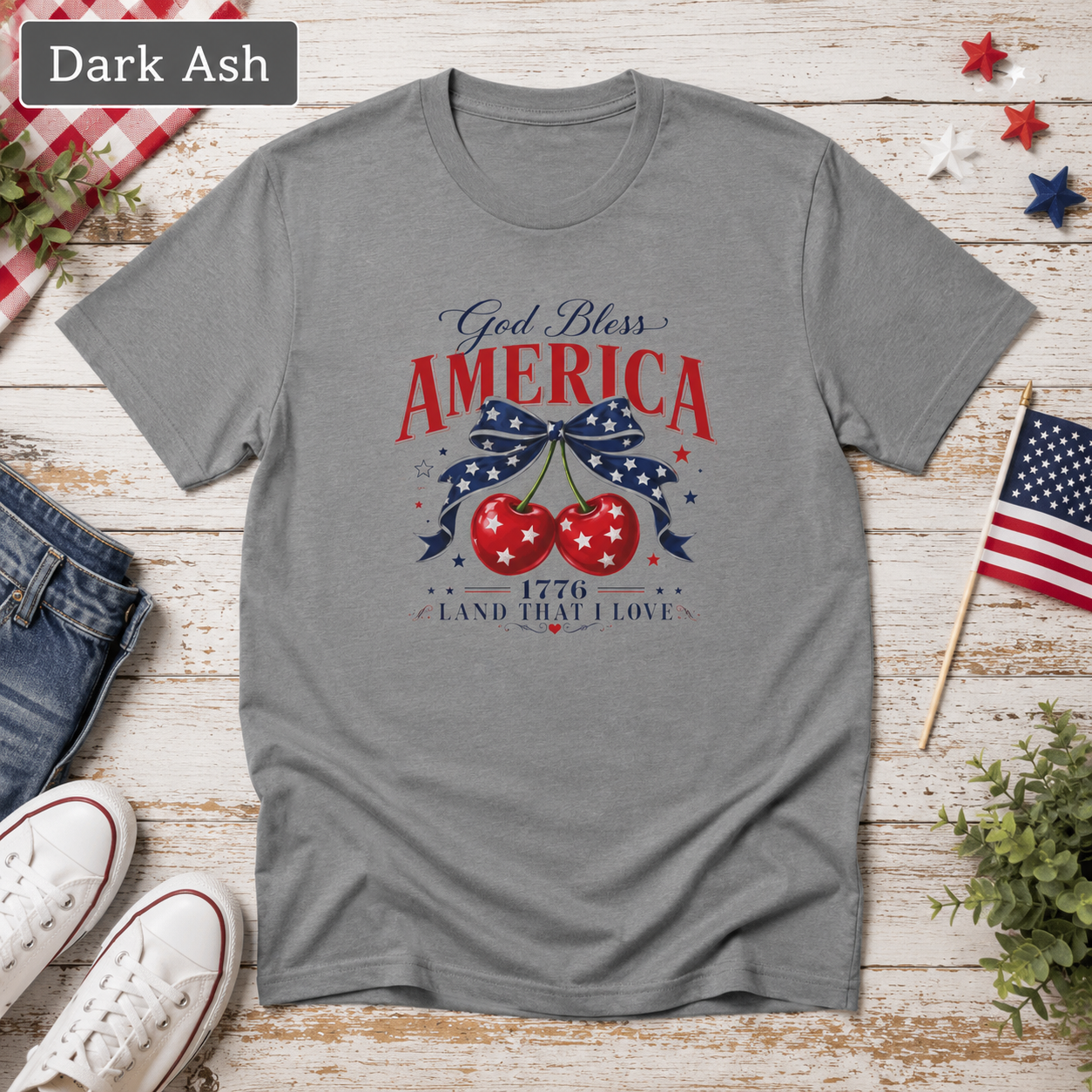 God Bless America T-Shirt — Patriotic Cherry Graphic, 1776 Land That I Love