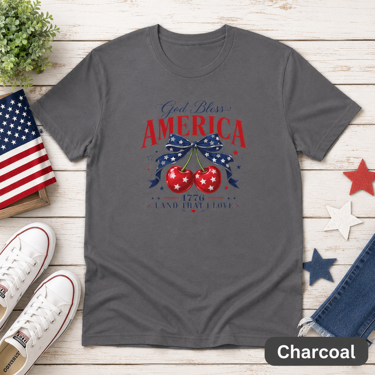 God Bless America T-Shirt — Patriotic Cherry Graphic, 1776 Land That I Love