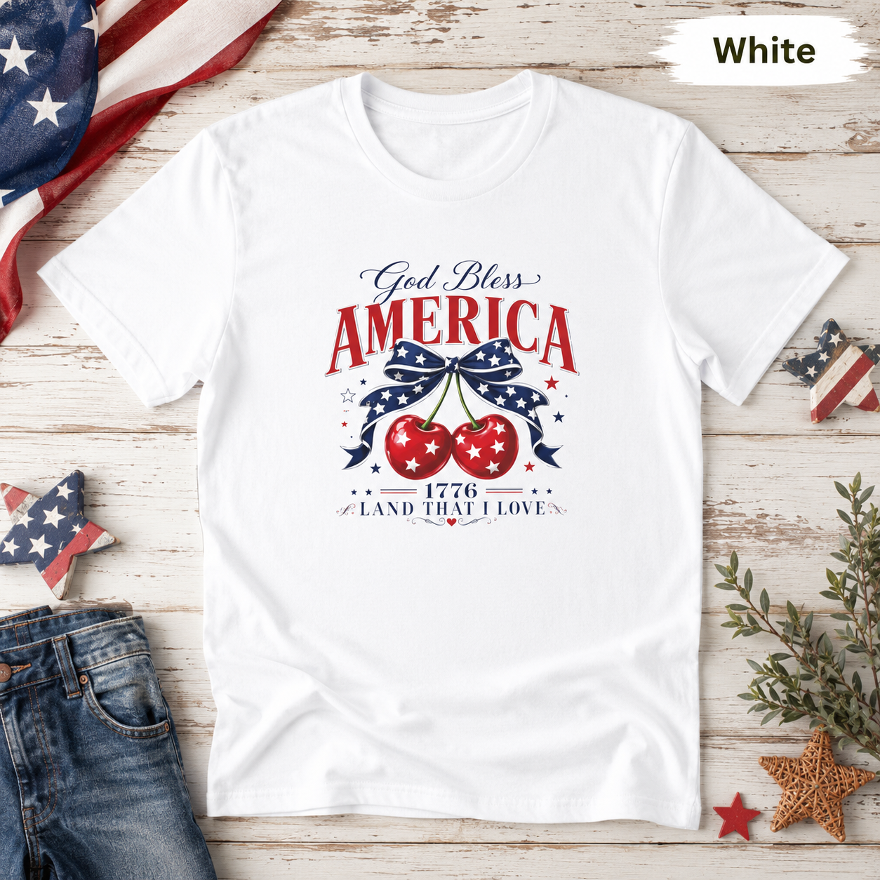God Bless America T-Shirt — Patriotic Cherry Graphic, 1776 Land That I Love