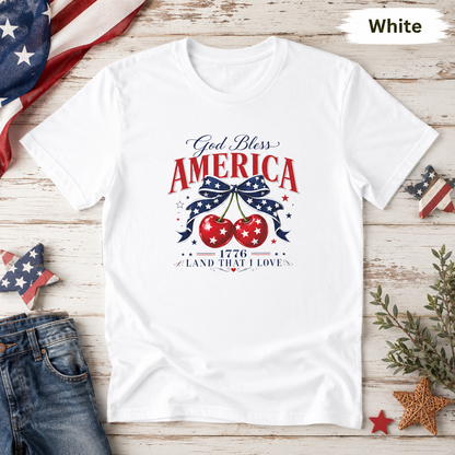 God Bless America T-Shirt — Patriotic Cherry Graphic, 1776 Land That I Love