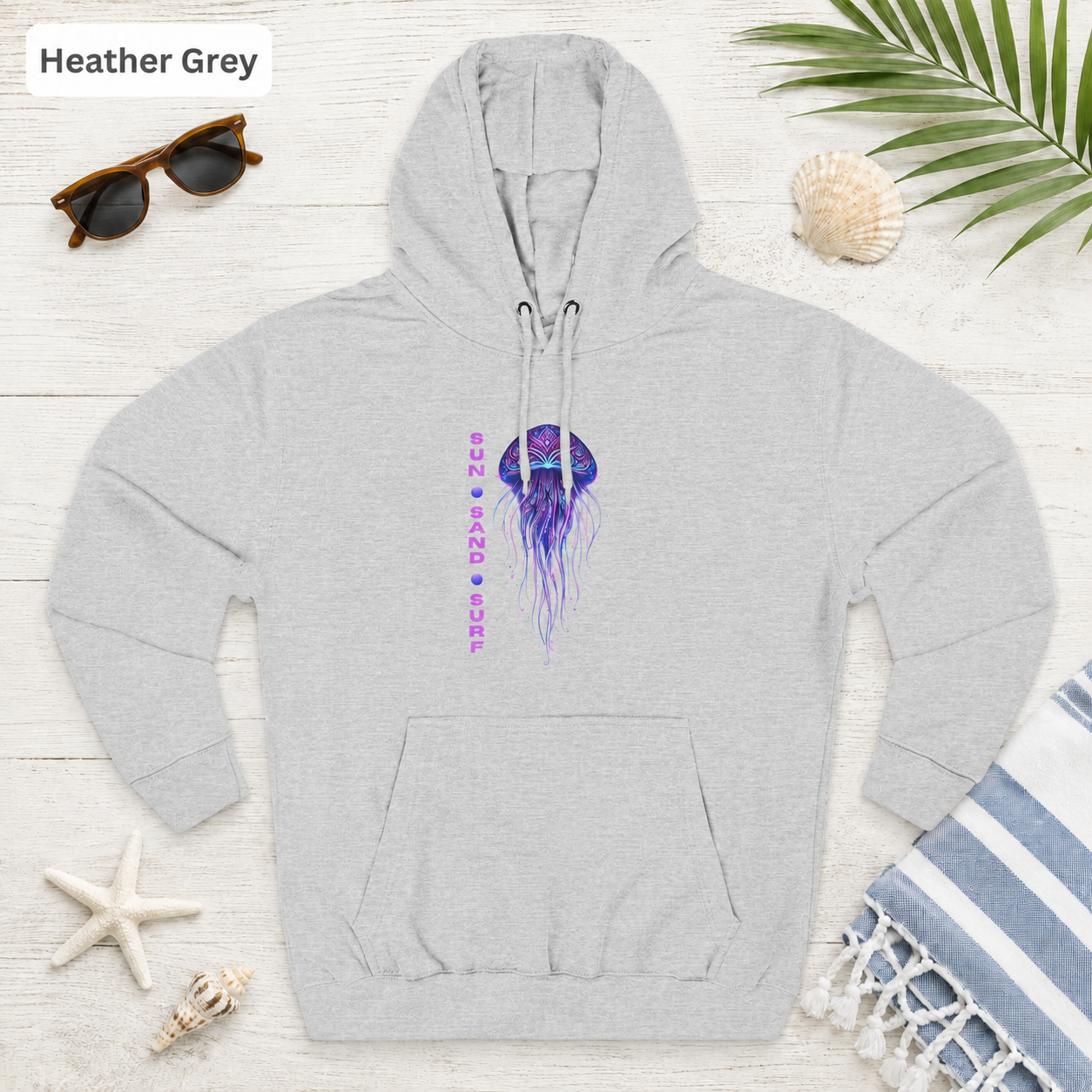 Jellyfish Sun Sand Surf Hoodie — Three-Panel Fleece Pullover