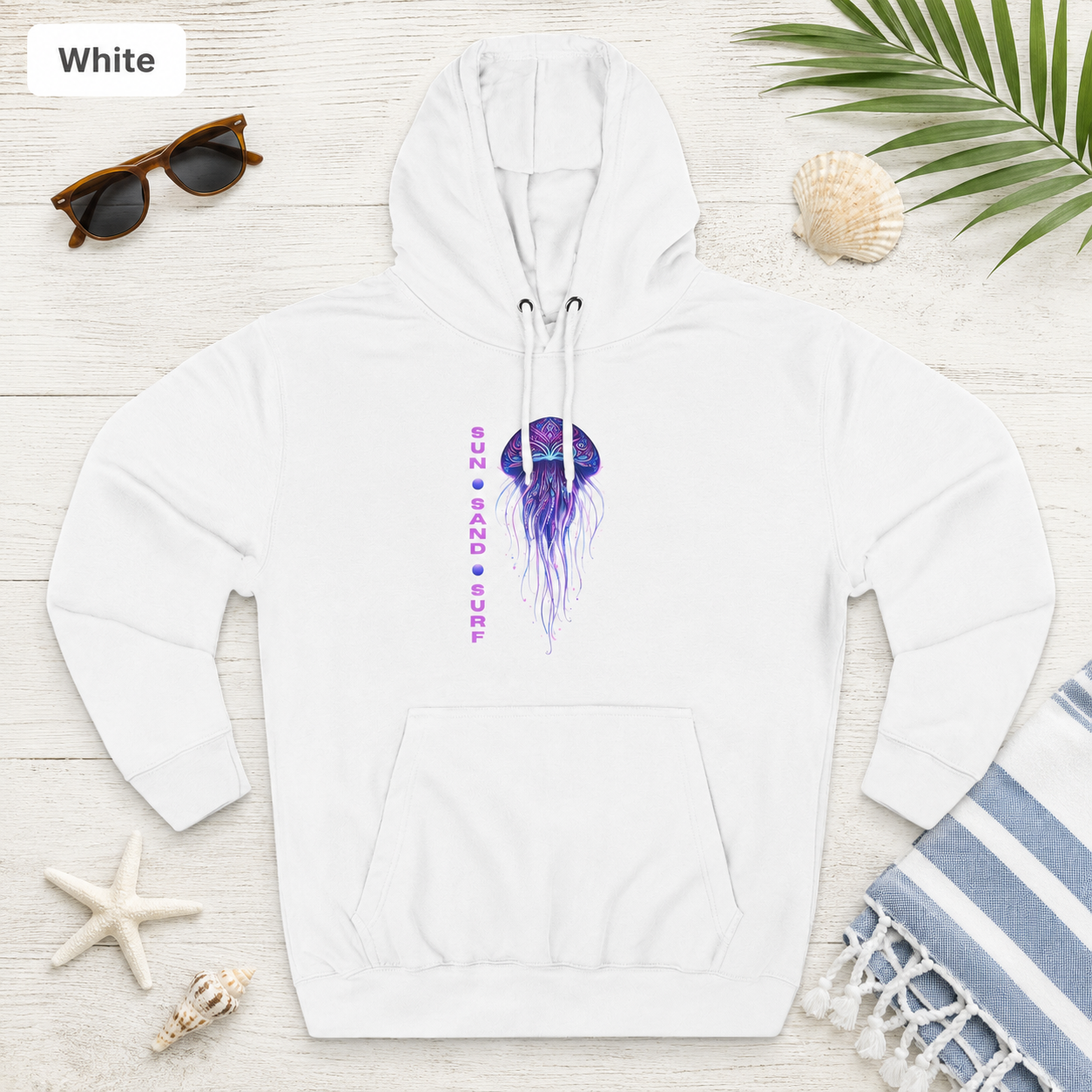 Jellyfish Sun Sand Surf Hoodie — Three-Panel Fleece Pullover