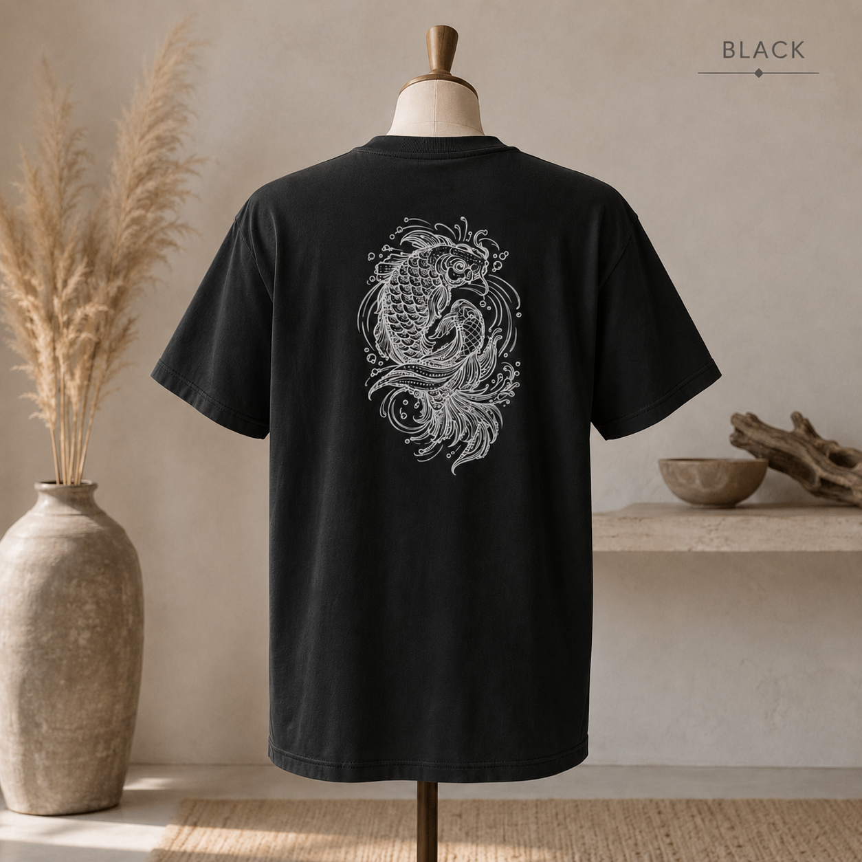 Koi Fish Kanji T-Shirt — Minimal Japanese Ink Style