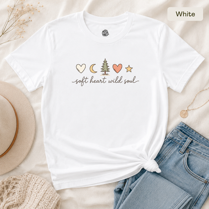 Soft Heart Wild Soul T‑Shirt — Cute Moon, Tree & Heart Graphic Tee