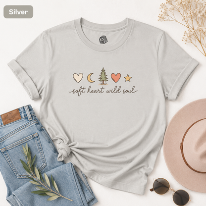 Soft Heart Wild Soul T‑Shirt — Cute Moon, Tree & Heart Graphic Tee