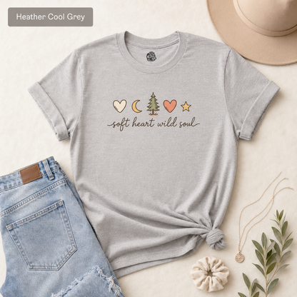 Soft Heart Wild Soul T‑Shirt — Cute Moon, Tree & Heart Graphic Tee