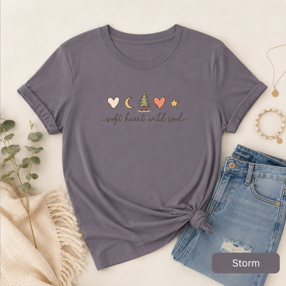 Soft Heart Wild Soul T‑Shirt — Cute Moon, Tree & Heart Graphic Tee