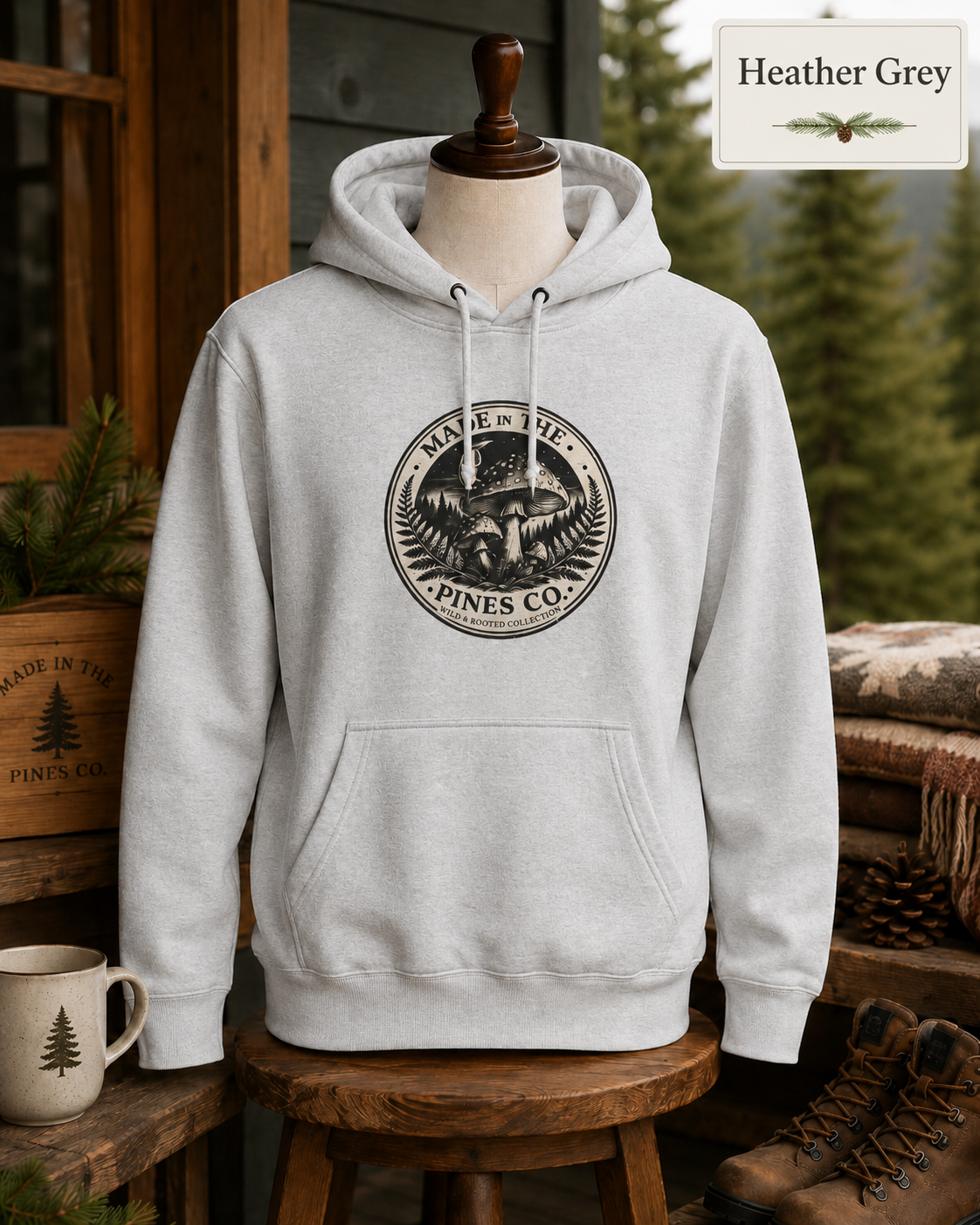 PNW Forest Mushroom Hoodie — Pines Co Three-Panel Fleece