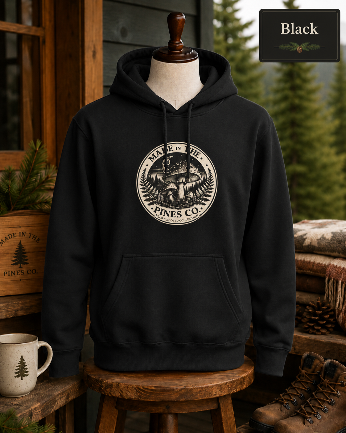 PNW Forest Mushroom Hoodie — Pines Co Three-Panel Fleece