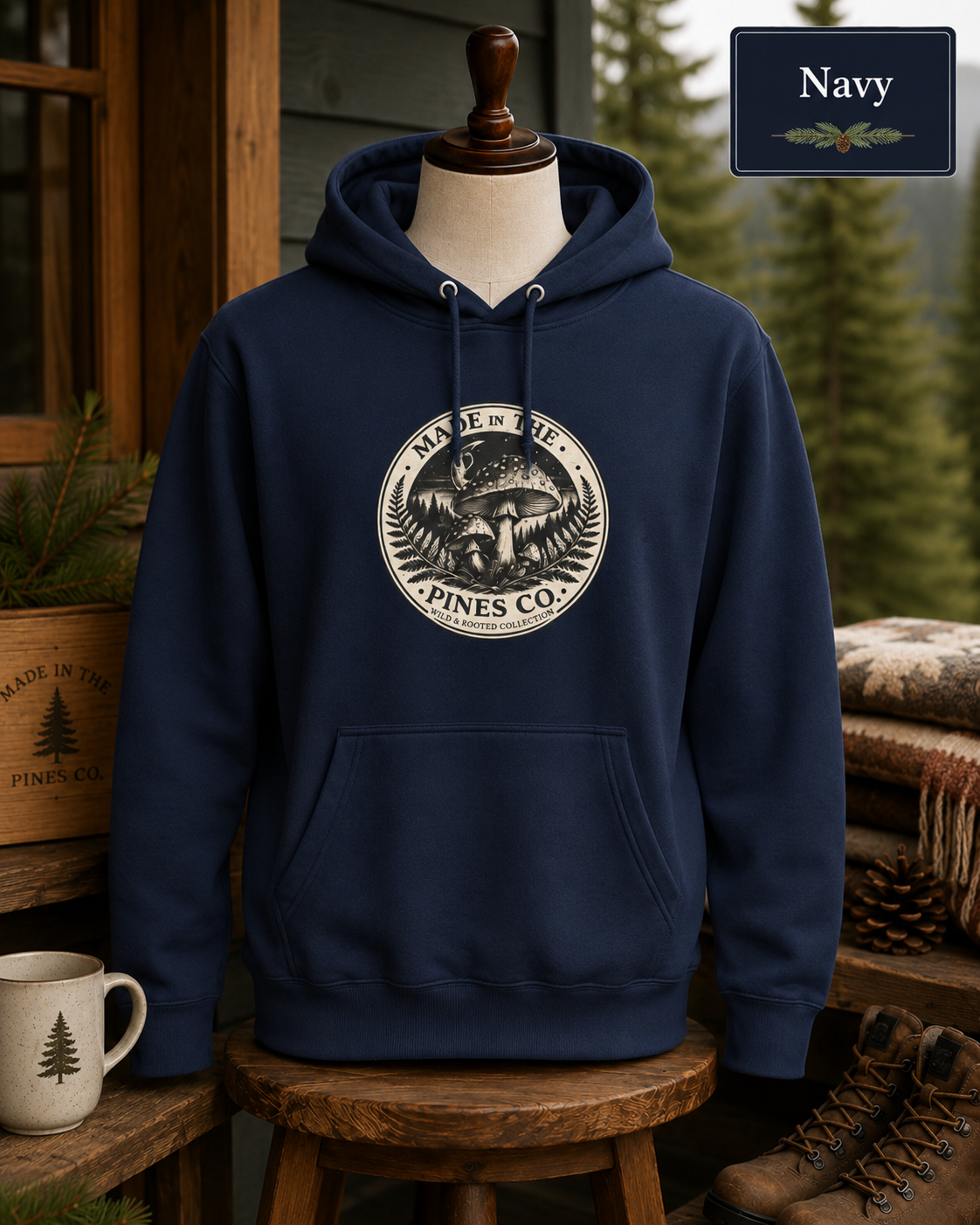 PNW Forest Mushroom Hoodie — Pines Co Three-Panel Fleece