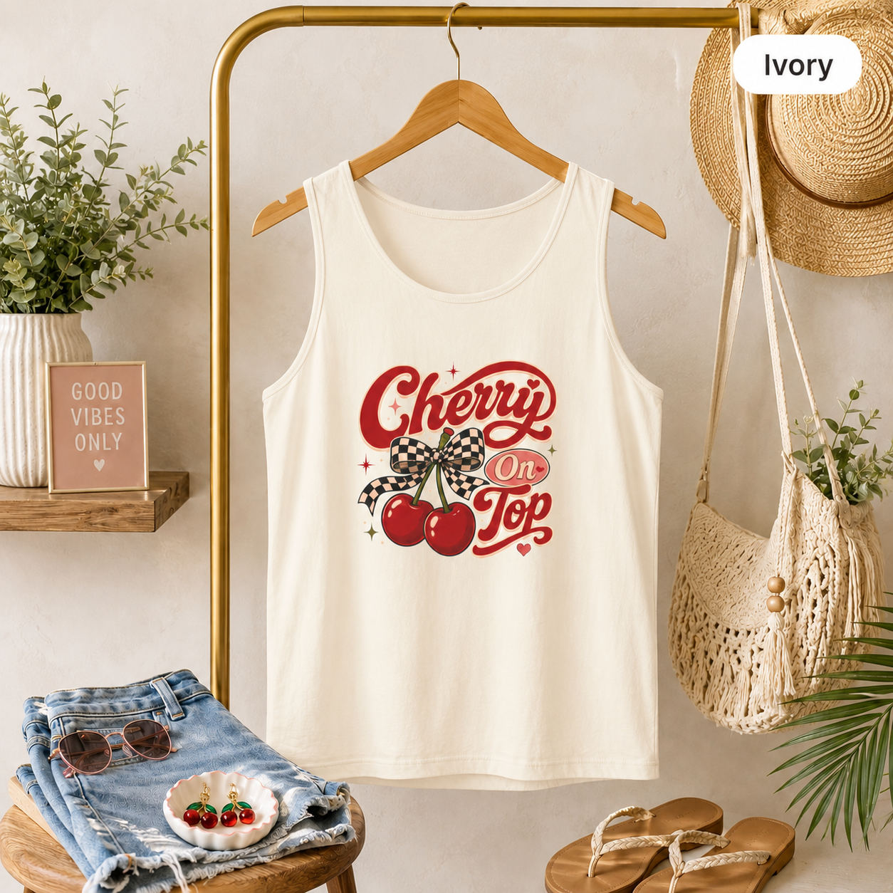 Retro Cherries Graphic Cherry On Top Tank Top | Vintage Script