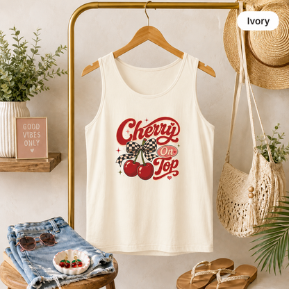 Retro Cherries Graphic Cherry On Top Tank Top | Vintage Script