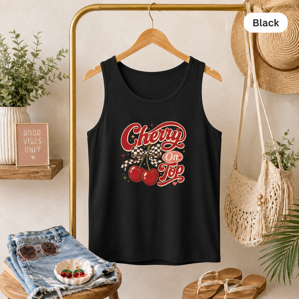 Retro Cherries Graphic Cherry On Top Tank Top | Vintage Script
