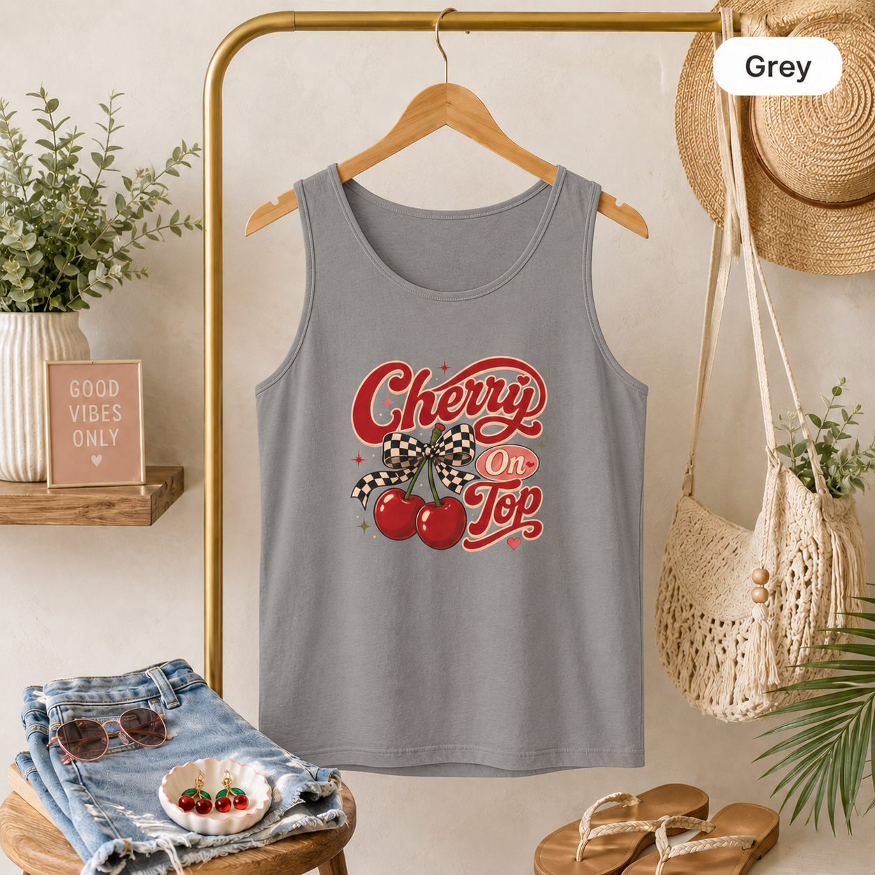 Retro Cherries Graphic Cherry On Top Tank Top | Vintage Script