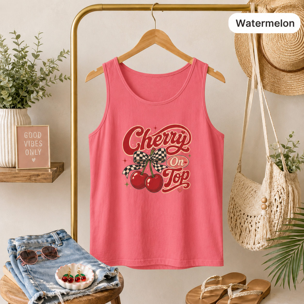Retro Cherries Graphic Cherry On Top Tank Top | Vintage Script