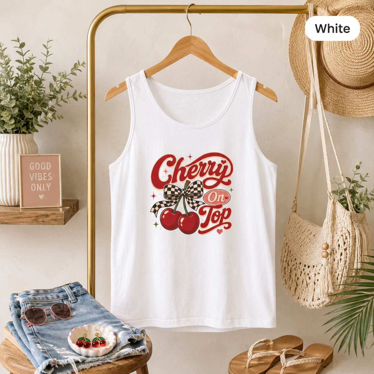 Retro Cherries Graphic Cherry On Top Tank Top | Vintage Script