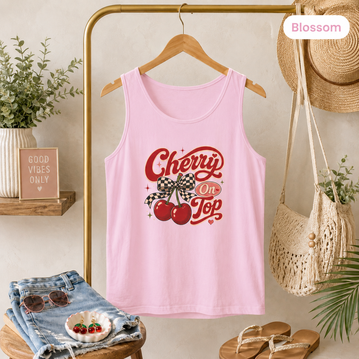 Retro Cherries Graphic Cherry On Top Tank Top | Vintage Script