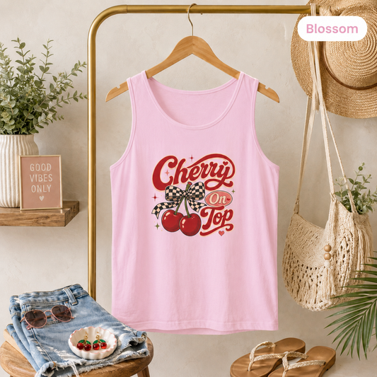 Retro Cherries Graphic Cherry On Top Tank Top | Vintage Script