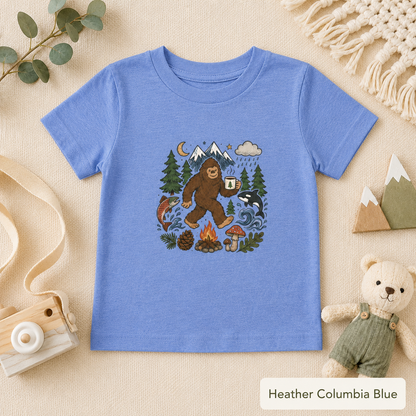 Bigfoot Camping Adventure Toddler Tee — Graphic Doodle Bigfoot Shirt