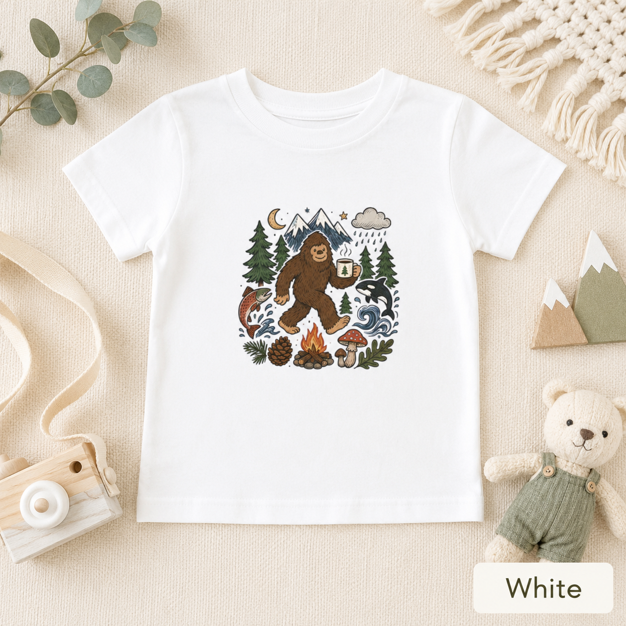 Bigfoot Camping Adventure Toddler Tee — Graphic Doodle Bigfoot Shirt
