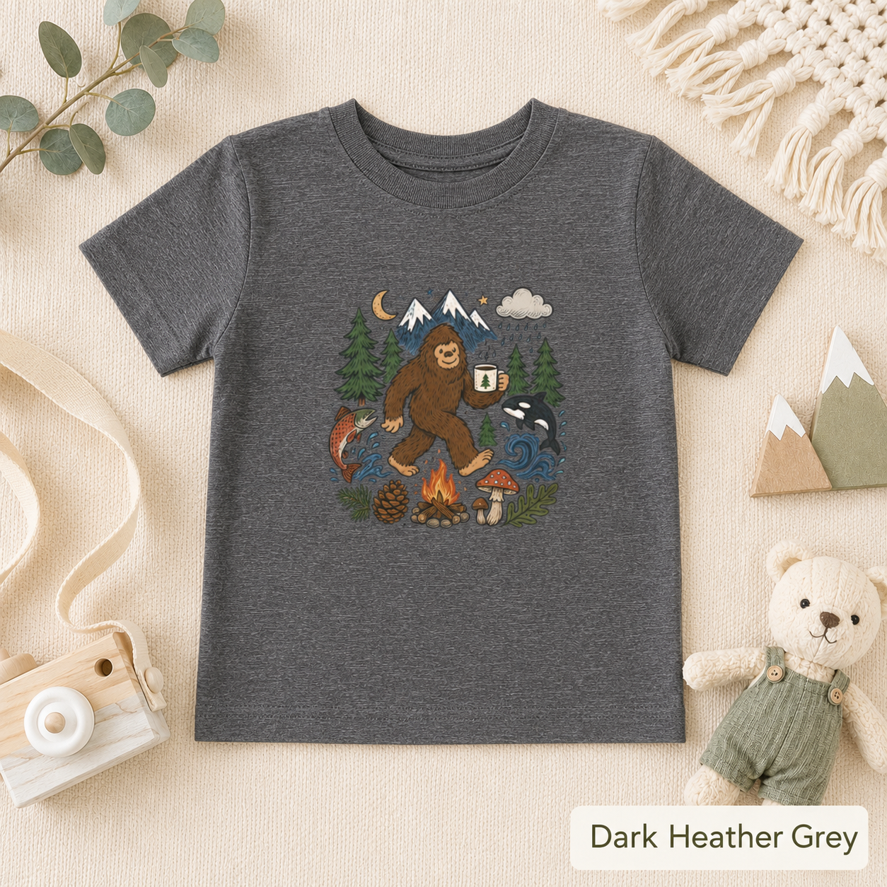 Bigfoot Camping Adventure Toddler Tee — Graphic Doodle Bigfoot Shirt