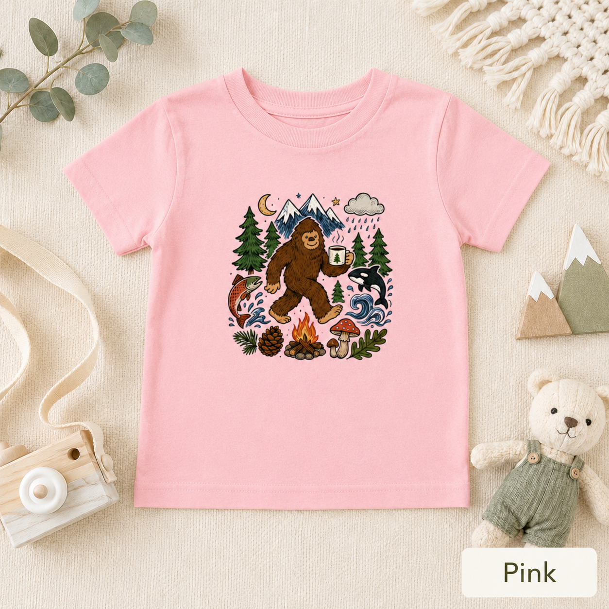 Bigfoot Camping Adventure Toddler Tee — Graphic Doodle Bigfoot Shirt