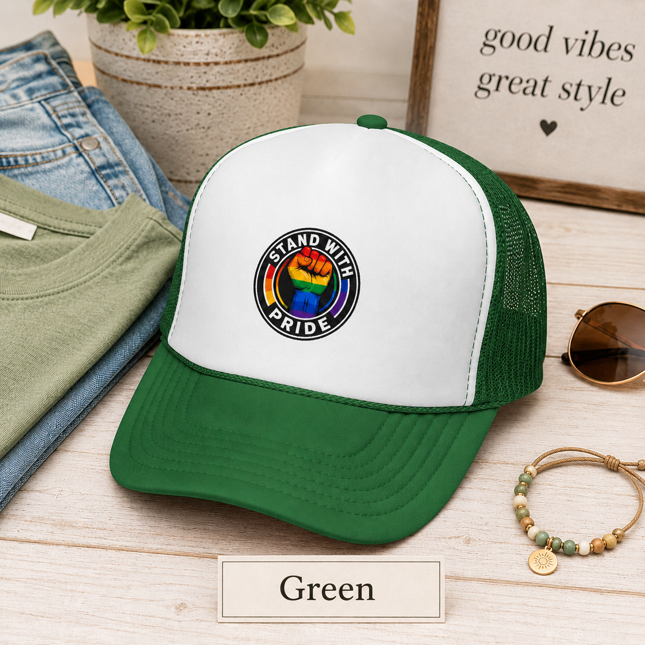 Stand With Pride Rainbow Fist Trucker Cap — LGBTQ+ Support Hat