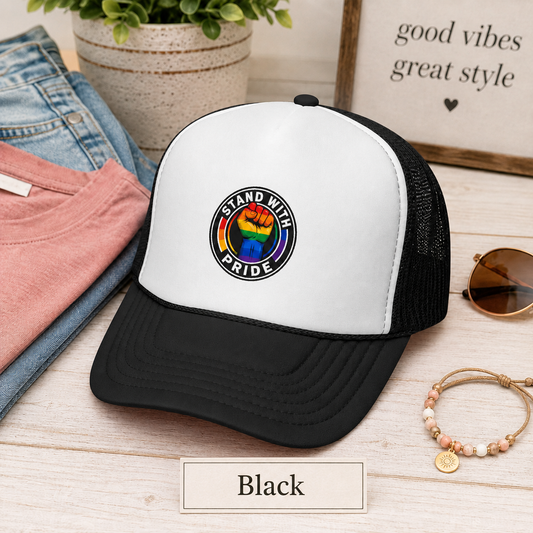 Stand With Pride Rainbow Fist Trucker Cap — LGBTQ+ Support Hat