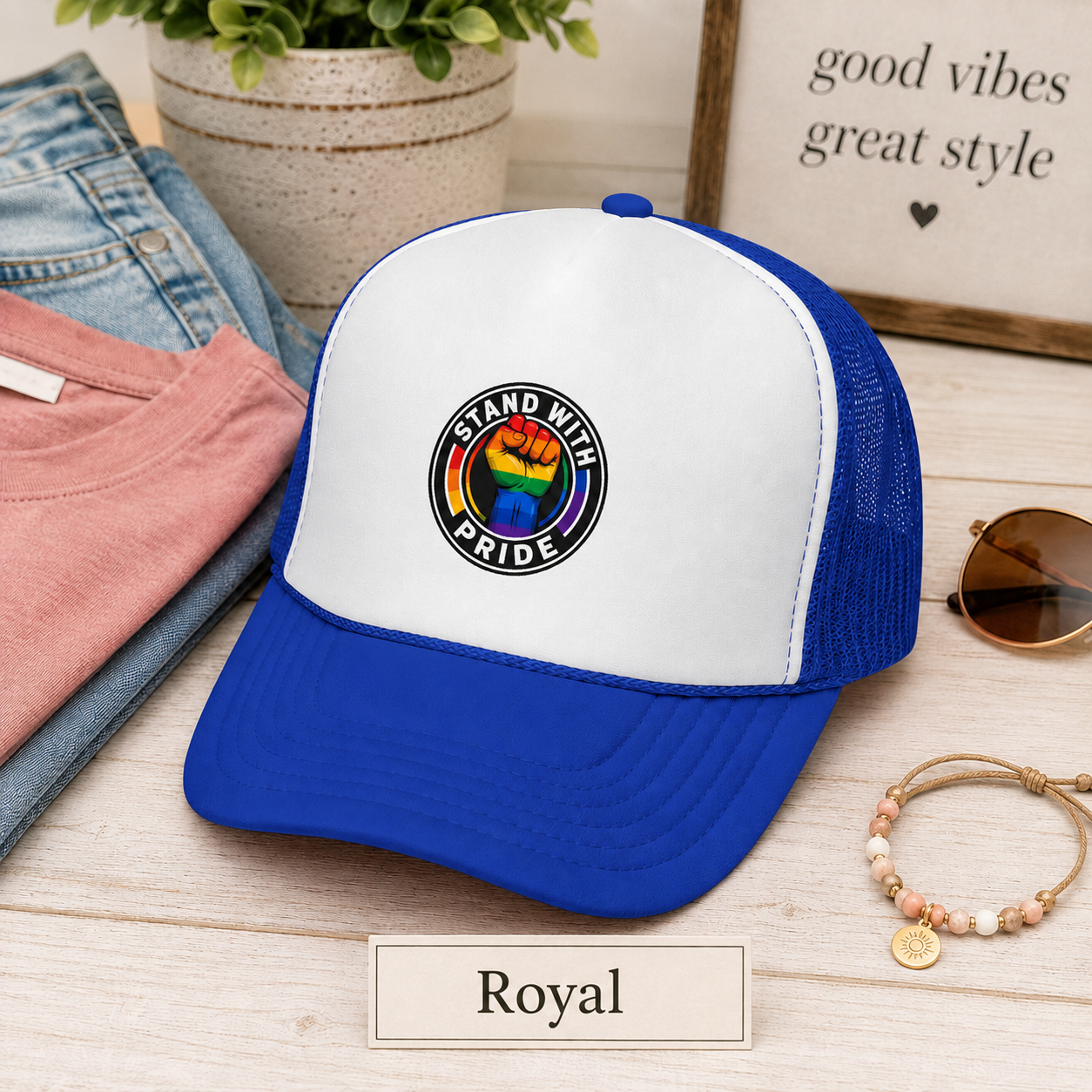 Stand With Pride Rainbow Fist Trucker Cap — LGBTQ+ Support Hat