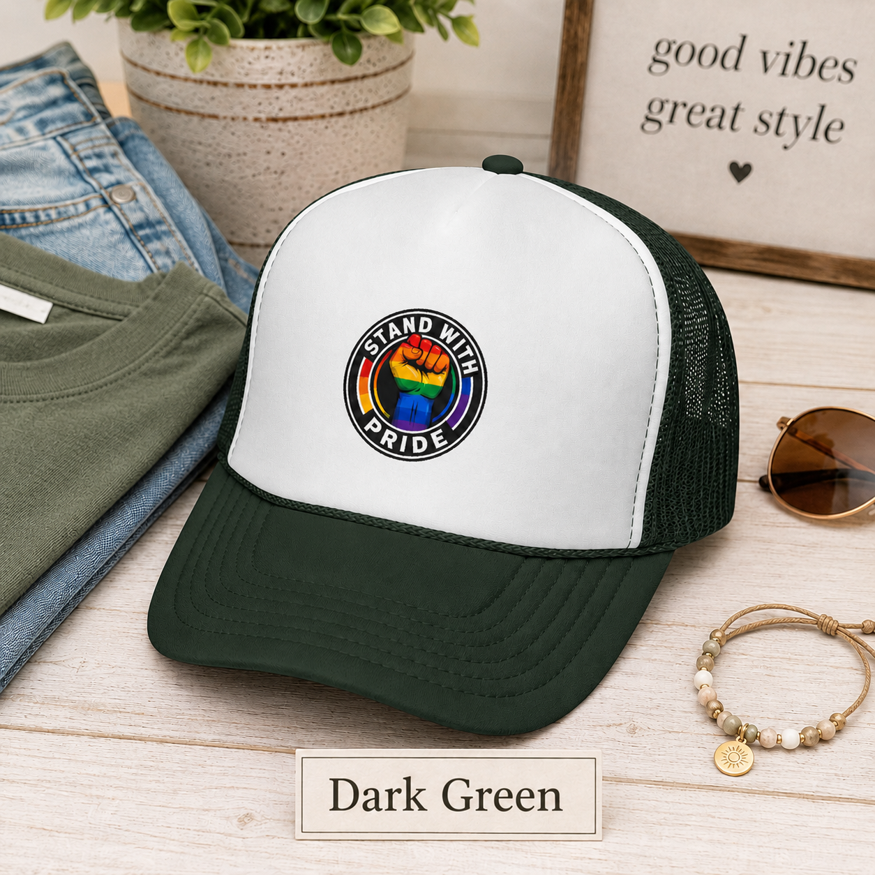 Stand With Pride Rainbow Fist Trucker Cap — LGBTQ+ Support Hat
