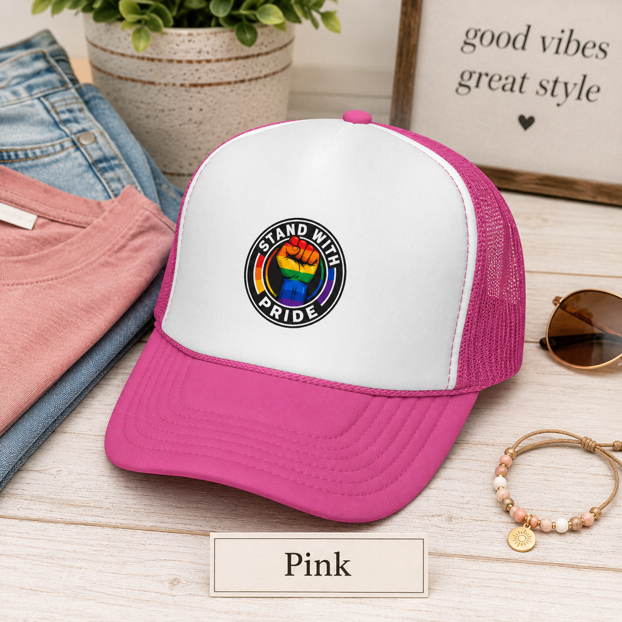 Stand With Pride Rainbow Fist Trucker Cap — LGBTQ+ Support Hat