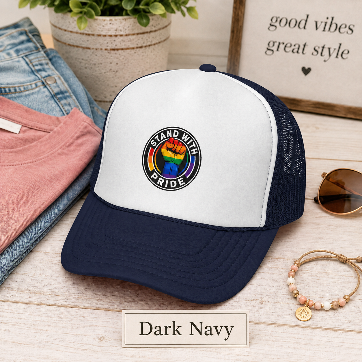 Stand With Pride Rainbow Fist Trucker Cap — LGBTQ+ Support Hat