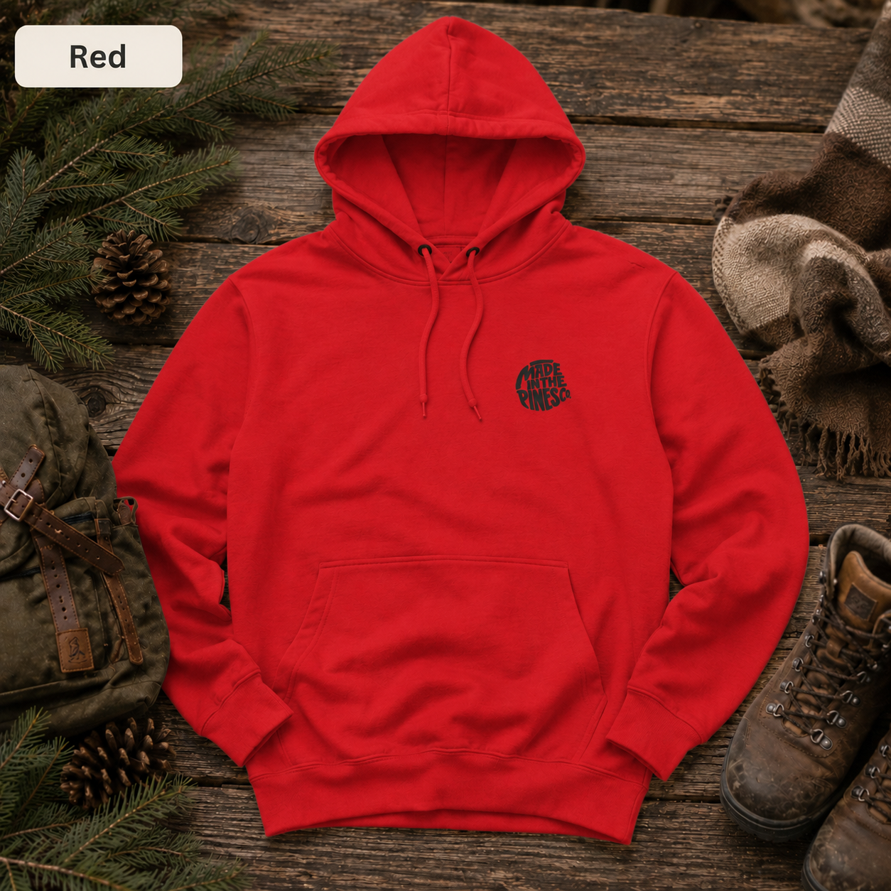 Made in the Pines Embroidered Fleece Hoodie — Minimal Outdoor Pullover