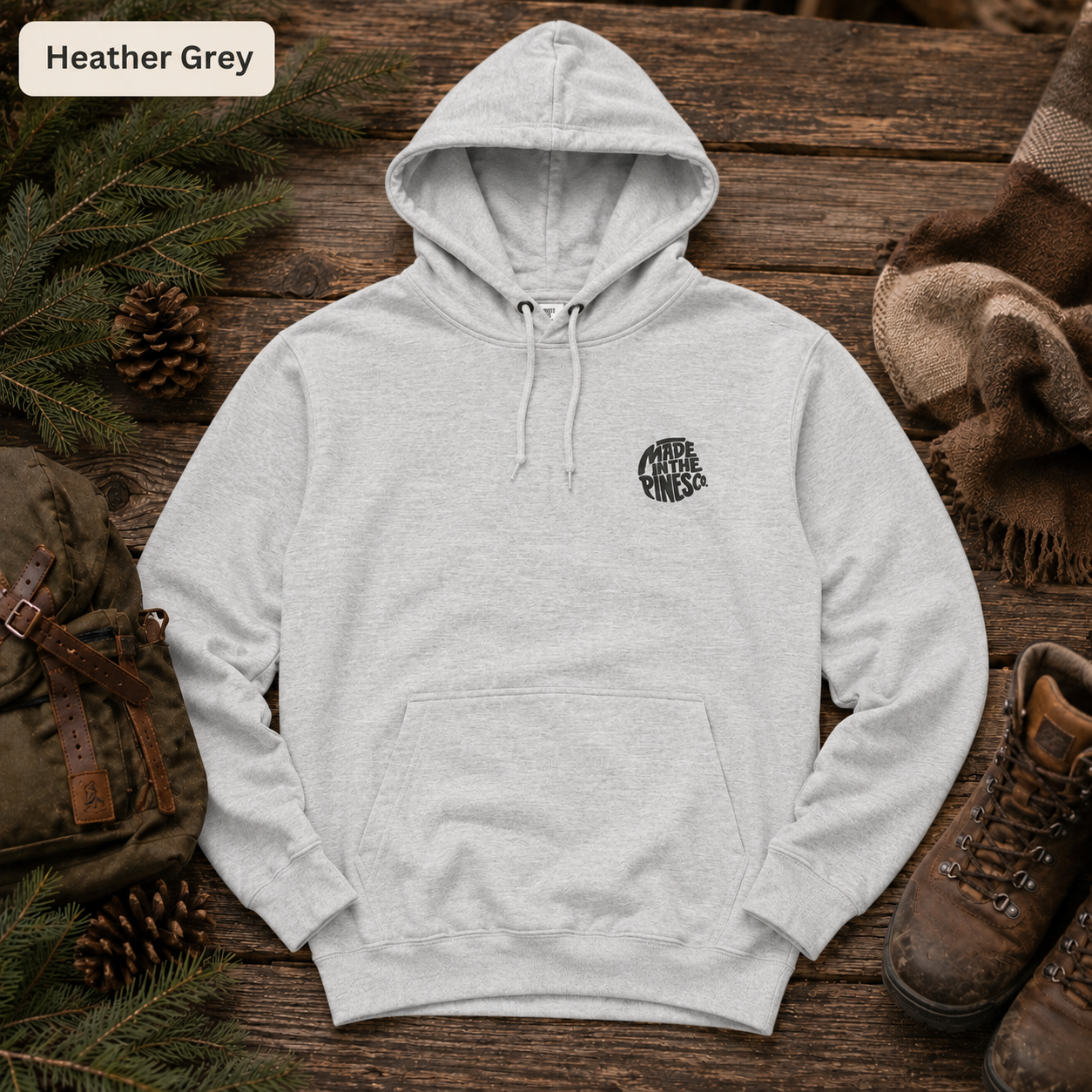 Made in the Pines Embroidered Fleece Hoodie — Minimal Outdoor Pullover