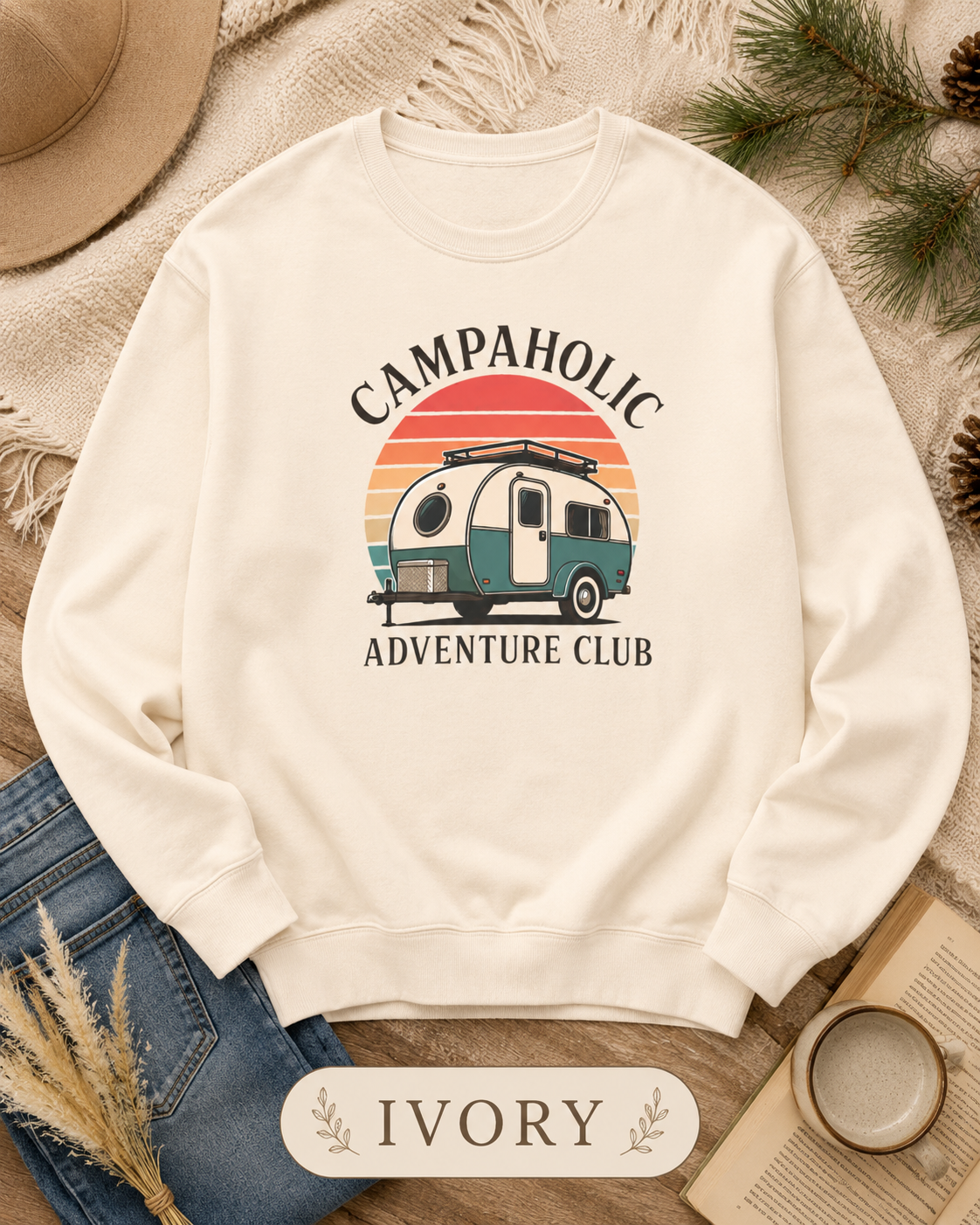 Campaholic Adventure Club Retro Camper Crewneck Sweatshirt
