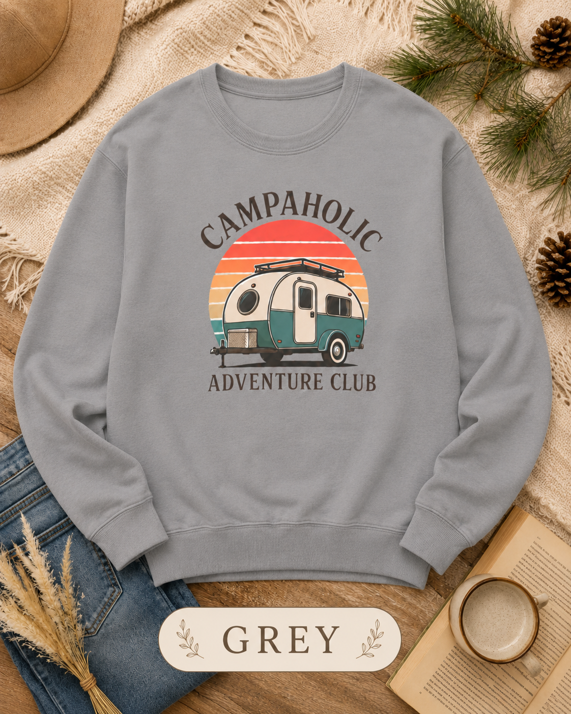 Campaholic Adventure Club Retro Camper Crewneck Sweatshirt