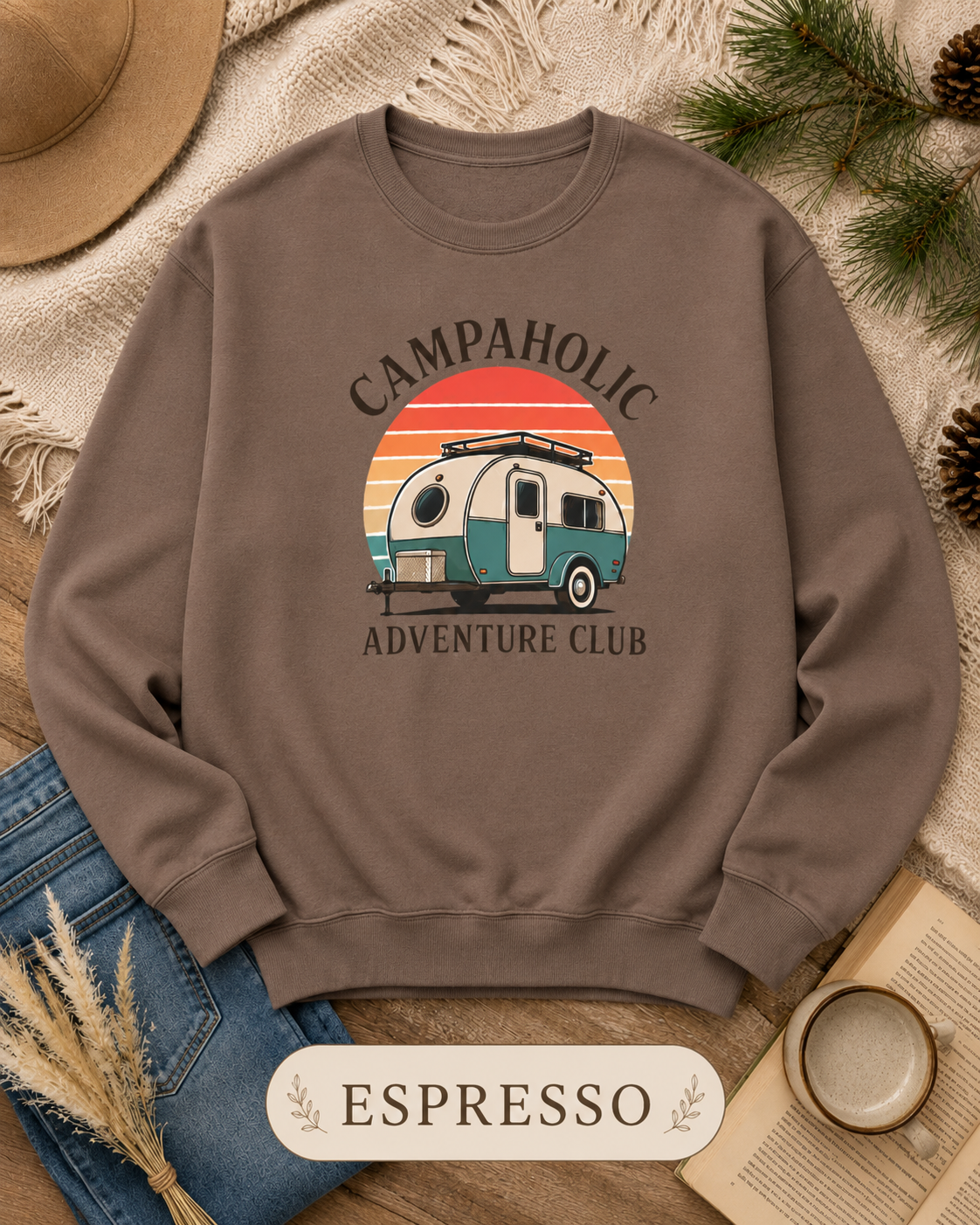 Campaholic Adventure Club Retro Camper Crewneck Sweatshirt