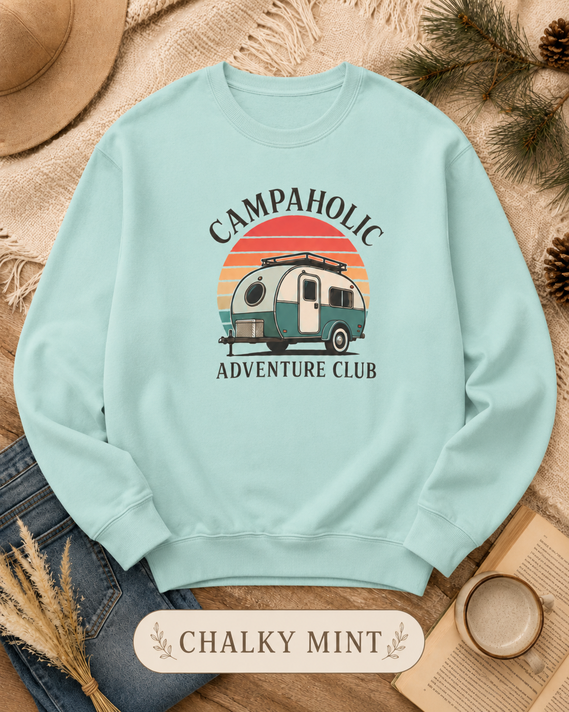 Campaholic Adventure Club Retro Camper Crewneck Sweatshirt